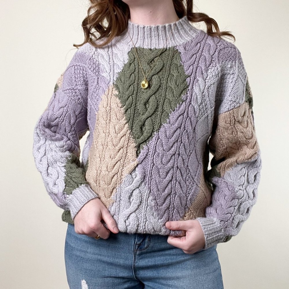Rare Vintage Handmade Cable Knit Wool Oversized Sweater Chunky Slouchy Mock Crew